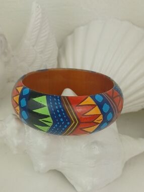 Hand-Painted Vibrant Red Green Orange Turquoise & Black Wooden Bangle Bracelet